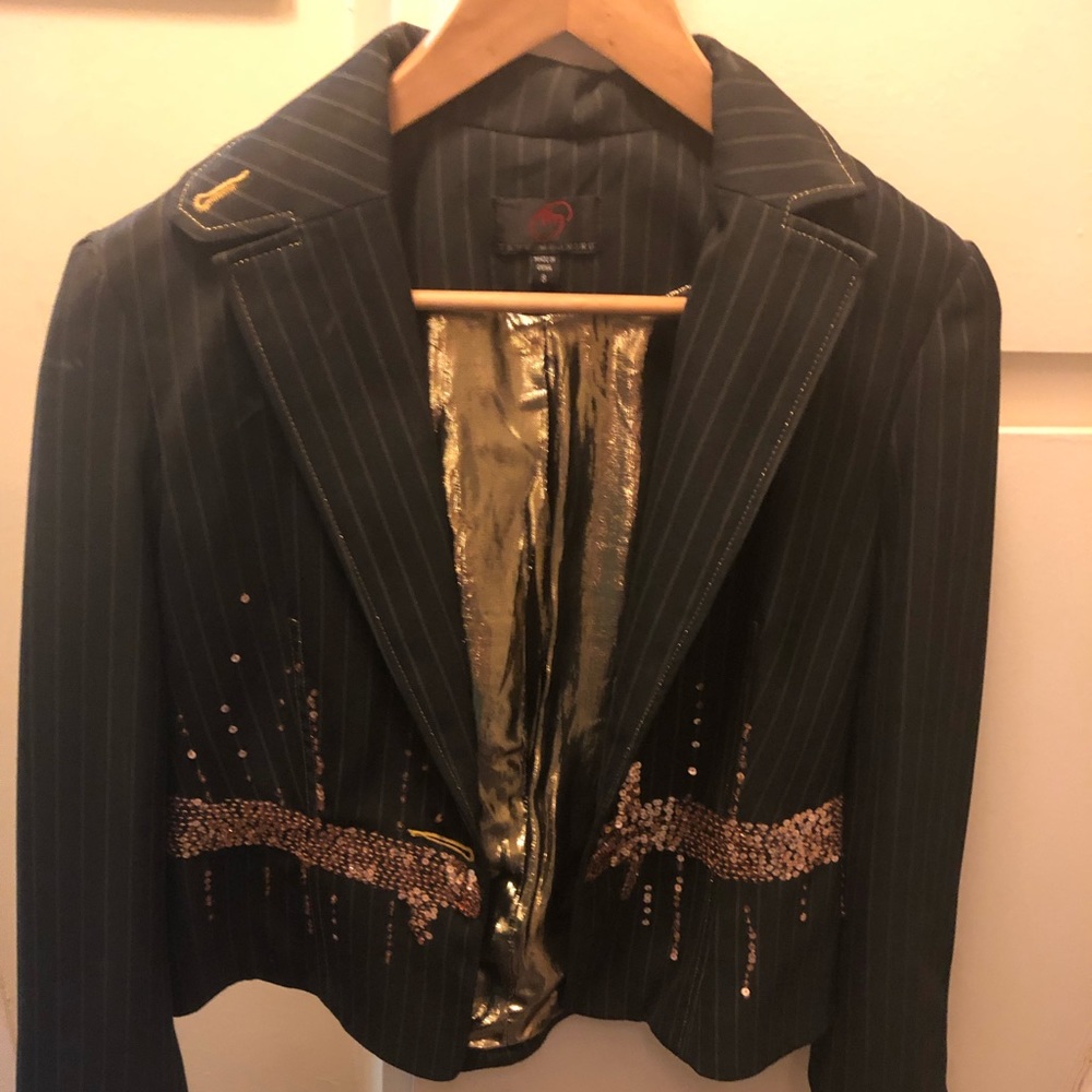Fashionable Black PinStriped Gold Detailed Blazer